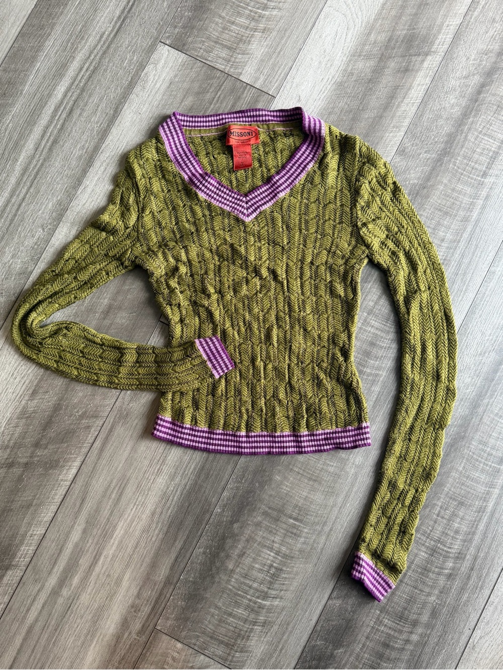 Missoni Olive Cable-Knit V-Neck Sweater w Purple Trim Women’s S Whimsigoth Y2K